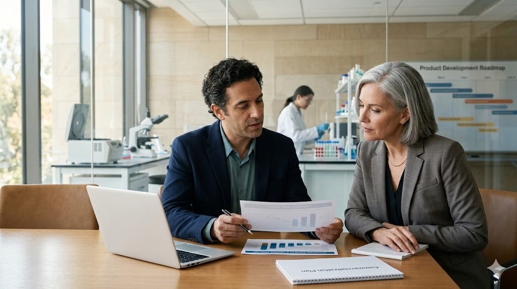 Senior life sciences executive reviewing clinical research data alongside financial performance charts in a modern laboratory meeting space.
