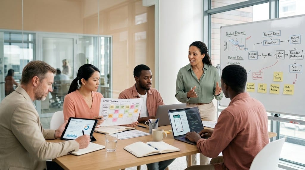 Cross-functional digital health team including clinical, engineering, and product leaders collaborating in a modern healthcare innovation workspace.
