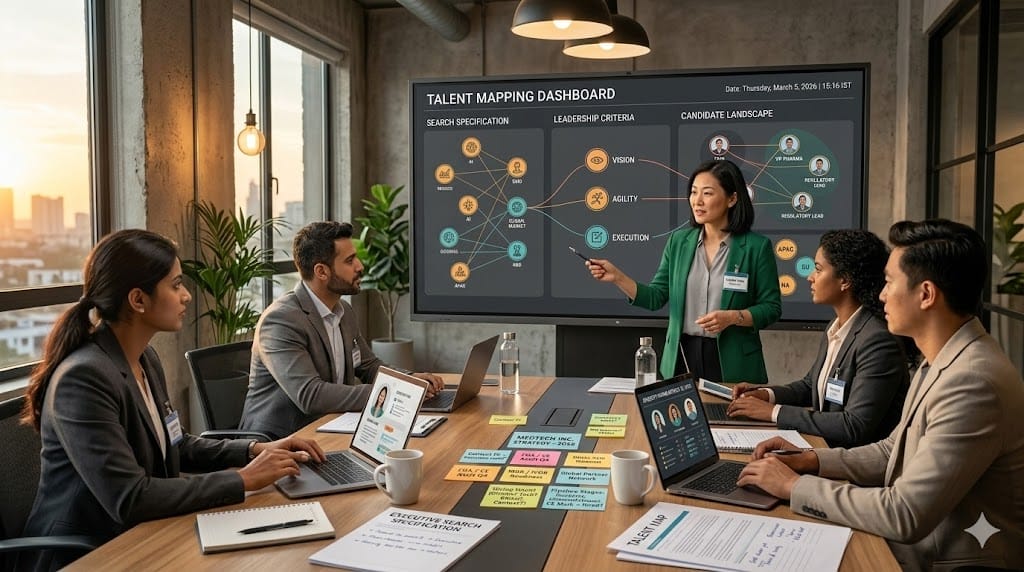 Executive recruitment team analyzing a talent map and candidate search specification on a large digital board during a strategy meeting.