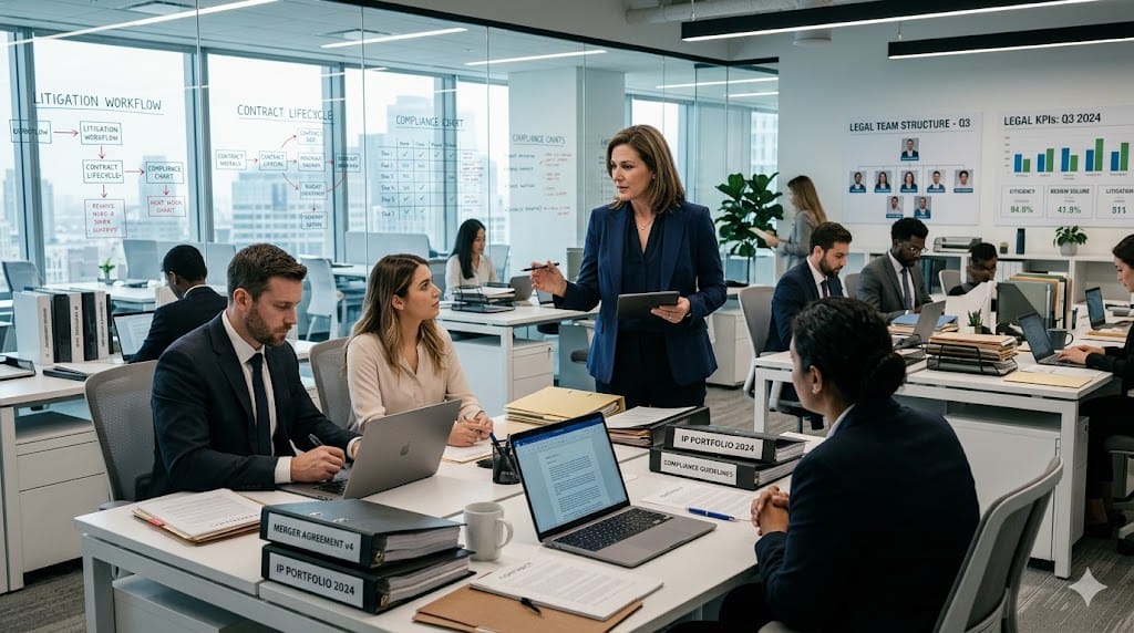 Chief legal officer leading an in-house legal team in a modern office, overseeing strategy, growth, and team performance