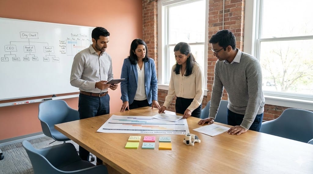 Founding medical device leadership team collaborating in a bright startup workspace with strategic planning materials and early product concepts on display.