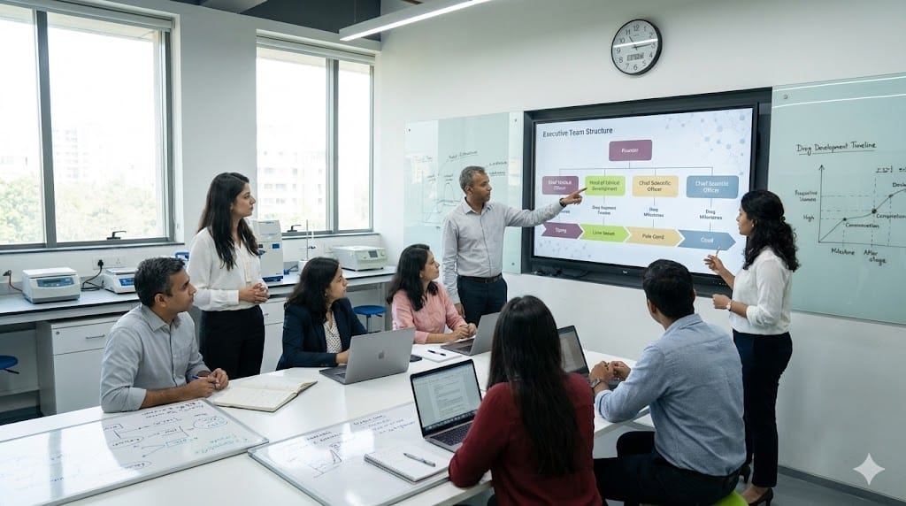 Biotech founders and pharmaceutical leaders planning executive team structure for a pre-revenue biotechnology startup.