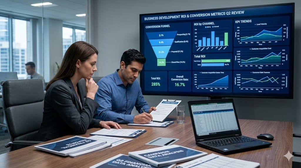 Business leaders reviewing conversion metrics and ROI dashboard on large screen