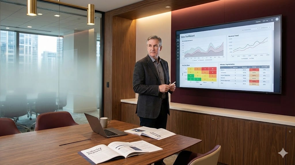 Senior C-suite executive analyzing real-time business intelligence dashboards on a large interactive screen while reviewing industry reports in a modern strategy war room.