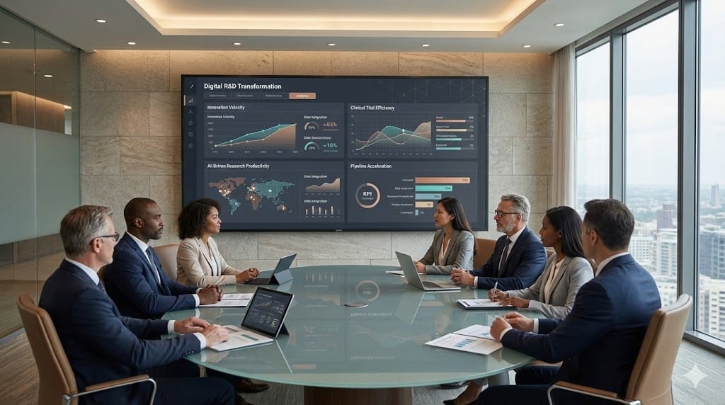 Pharmaceutical executives reviewing digital R&D transformation metrics on a strategic analytics dashboard during a leadership meeting.