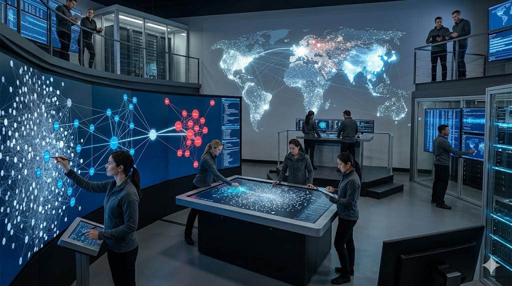 A team mapping and selecting a network of relevant references to evaluate C-suite talent, illustrating strategic reference universe identification