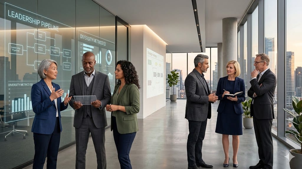 Diverse group of senior executives collaborating in a modern corporate environment, representing inclusive hiring and leadership diversity