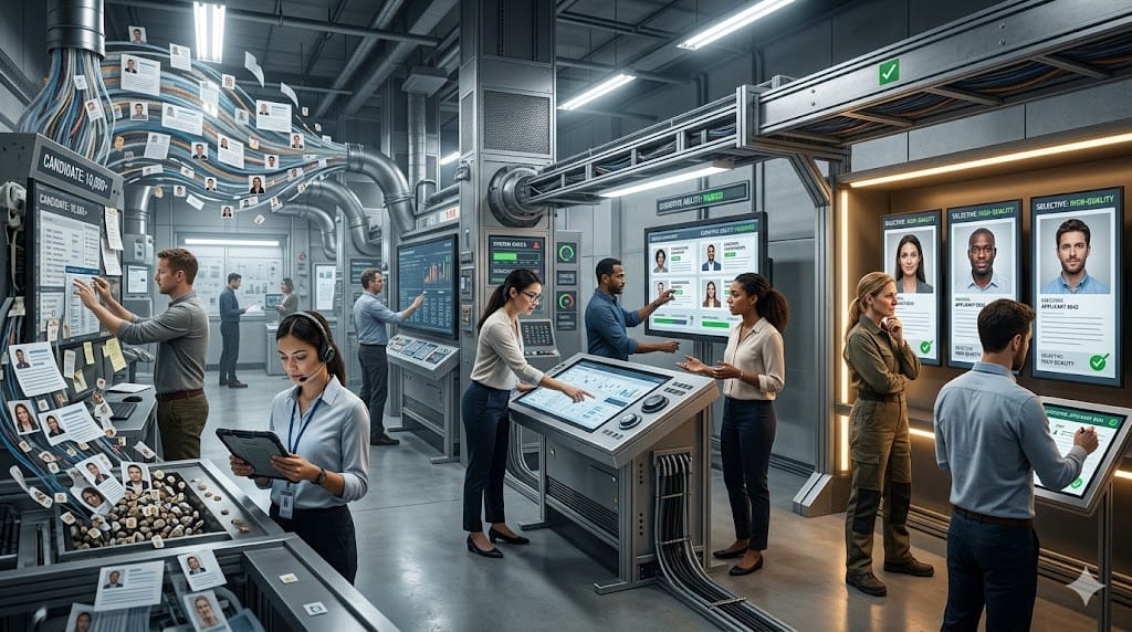 A recruitment team filtering and refining a complex talent pipeline to identify high-quality candidates, illustrating pipeline integrity and candidate assessment