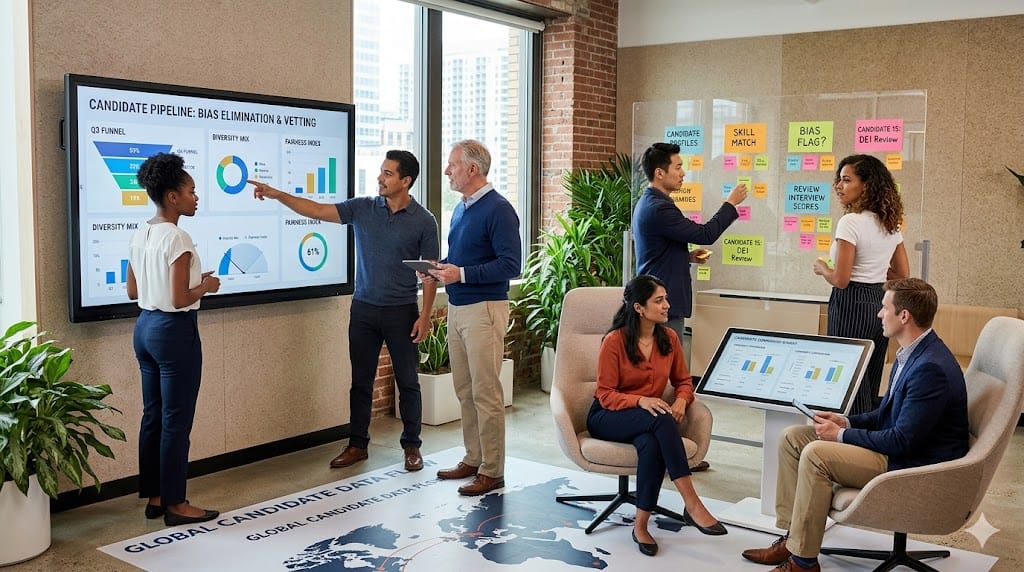 Diverse HR team collaboratively reviewing candidate profiles and using tools to eliminate bias in a modern workspace