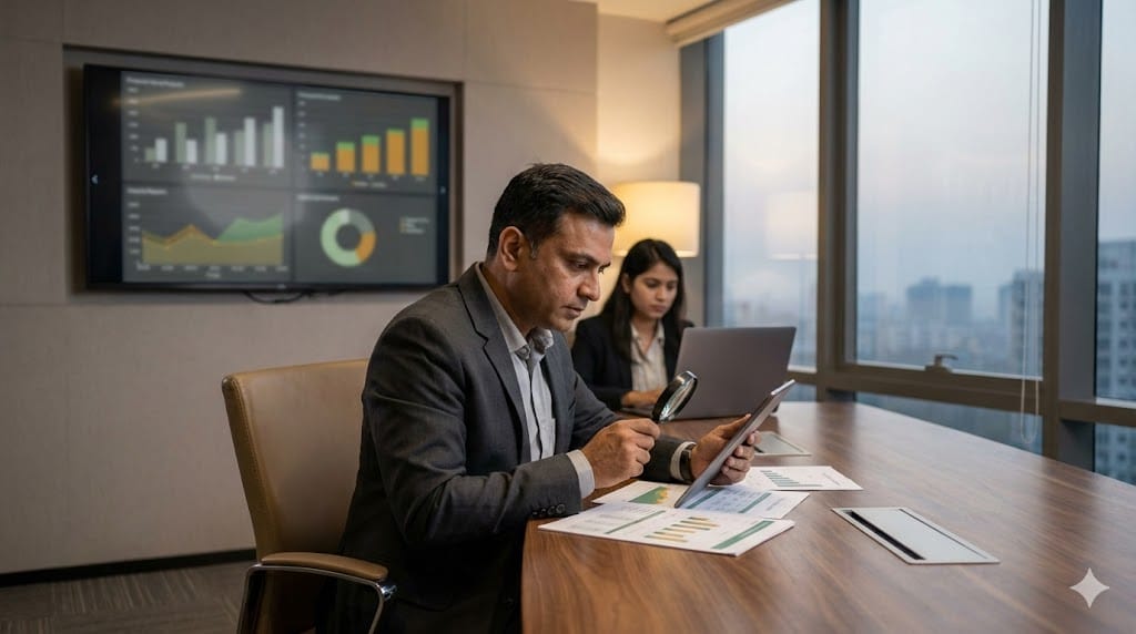 Executive reviewing financial charts and operational metrics in a modern office, illustrating capital efficiency under extended oversight.