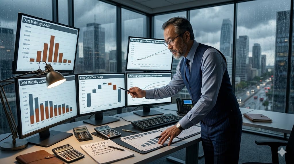  CFO navigating retail capital structure through liquidity crisis, balancing debt waterfalls and cash flow preservation strategies on executive trading floor.