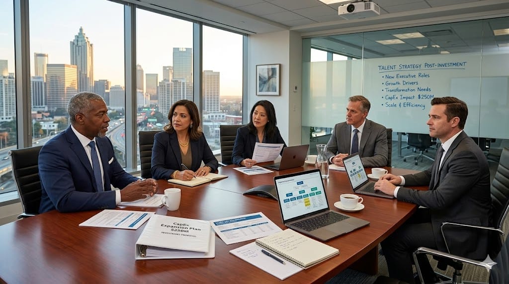 Corporate executives in boardroom reviewing capital investment strategy documents alongside organizational charts, highlighting evolving executive talent requirements for scaling operations and innovation initiatives.