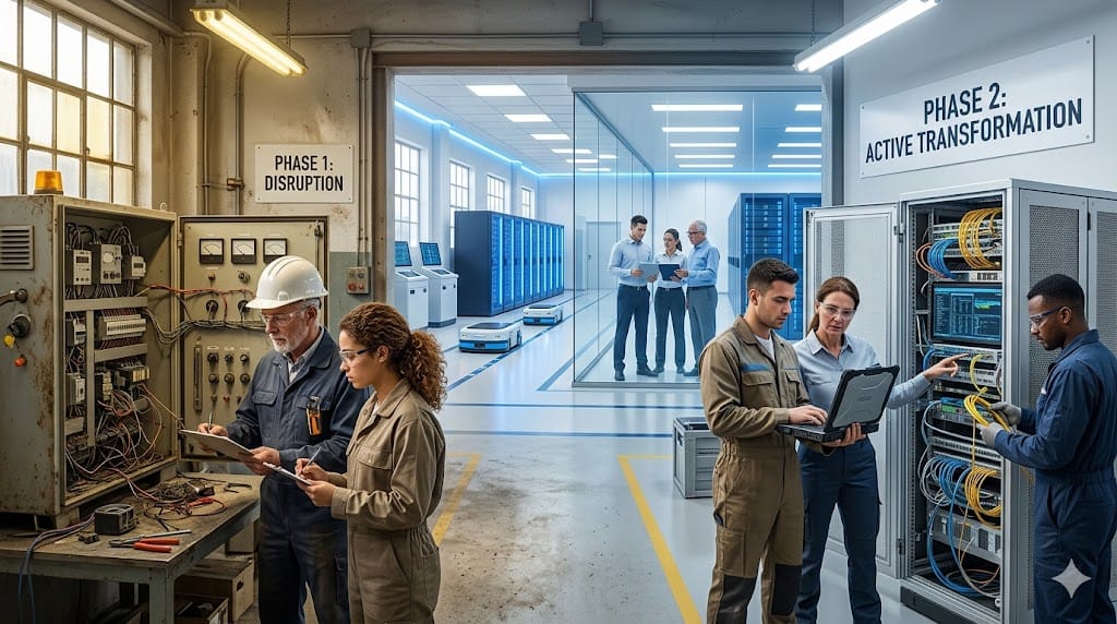A team of professionals advancing through different stages of a transformation project, illustrating accelerated career growth and skill development
