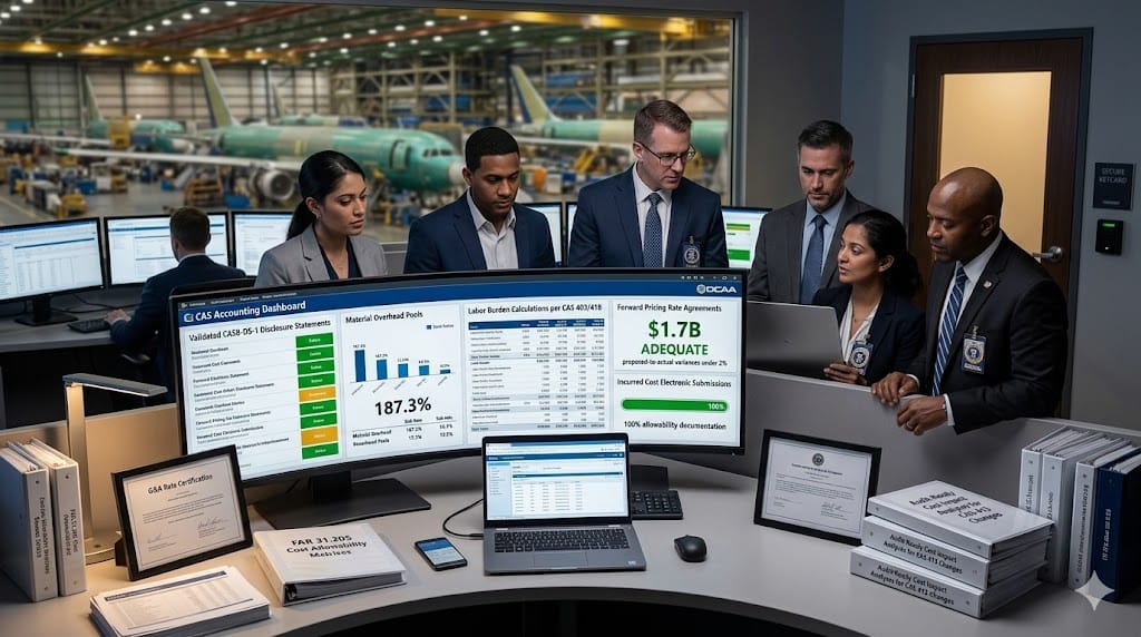 Realistic landscape photo of aerospace finance executives ensuring Cost Accounting Standards compliance, auditing CASB-DS-1 disclosure statements, material burden rate validations, and incurred cost submissions on secure DCAA-compliant systems in a high-stakes government accounting war room.