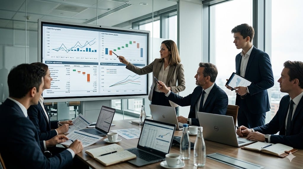 Finance team analyzing cash flow engineering and EBITDA add-back strategies using digital dashboards in a modern corporate office
