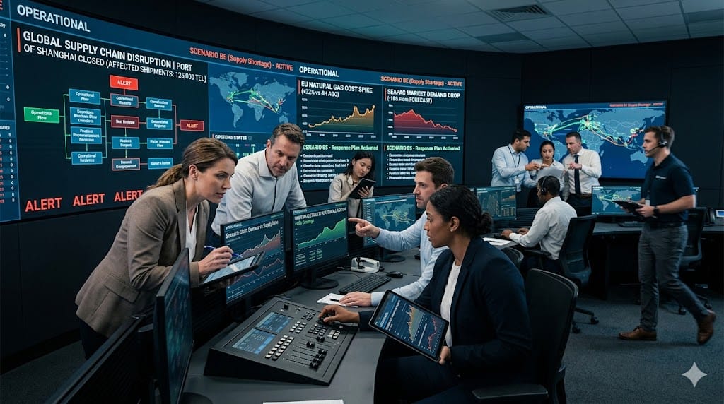 A finance team navigating fluctuating financial conditions using dynamic forecasting systems, illustrating cash flow management under extreme volatility