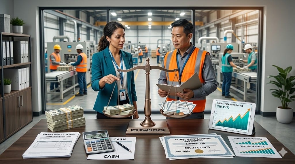 Manufacturing compensation concept showing cash salary and equity stock options balance with factory background and HR analytics dashboard