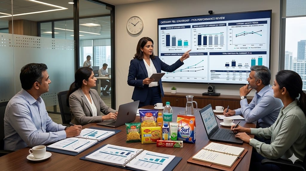 Category management leader reviewing P&L reports, sales charts, and product category performance in consumer goods strategy meeting