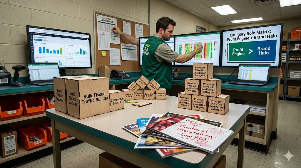 High-stakes supermarket war room where category captains dissect Nielsen share data on massive planogram screens, prioritizing shelf algorithms over brand storytelling—physical wooden blocks rearrange competitor SKUs into "Traffic Builder → Destination" roles while rejecting "Emotional Branding" pitches.