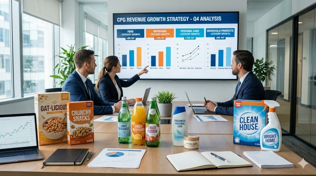 Business leaders analyzing category revenue growth charts with consumer product segments on display