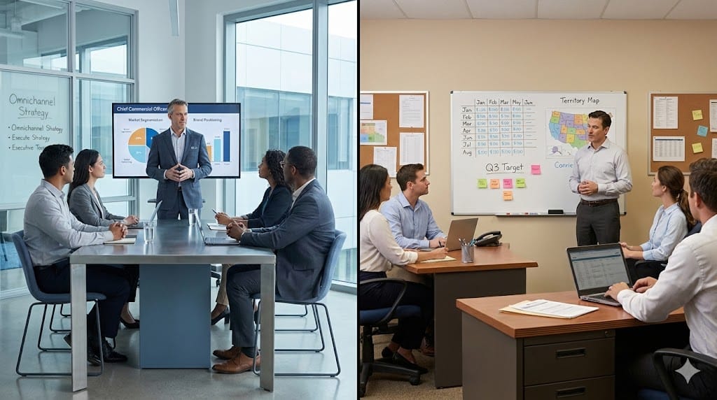 Side-by-side comparison of a Chief Commercial Officer leading cross-functional strategy and a traditional sales executive managing a regional sales team in separate professional environments.