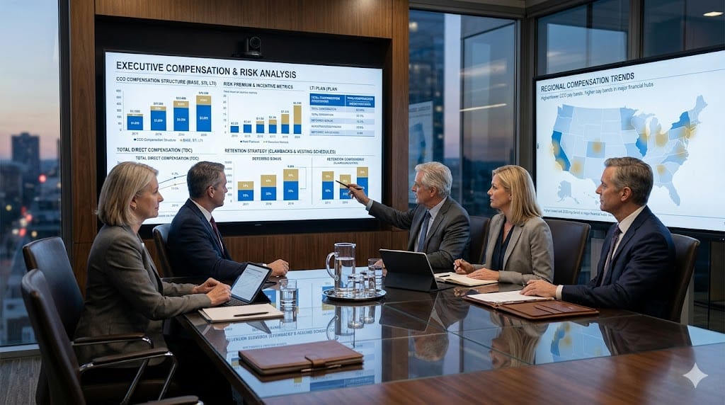 Chief Compliance Officers reviewing compensation structures, risk premiums, and retention strategies in a high-level corporate setting.