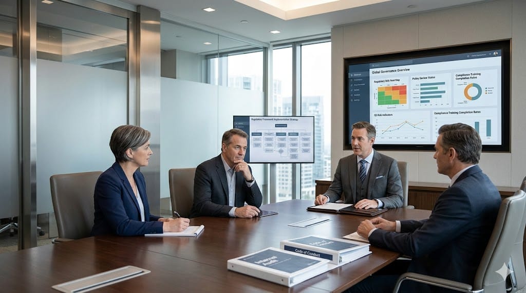 Chief Compliance Officer defining regulatory strategy using compliance frameworks and data dashboards in a modern corporate setting.