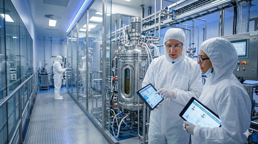 Recruitment of CDMO leadership in pharmaceutical contract development and manufacturing facility with professionals reviewing production operations
