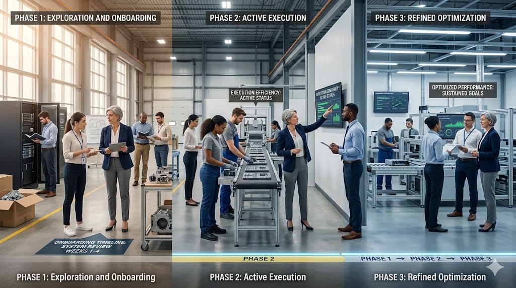 A new CEO progressing through structured phases of onboarding with team support across different operational environments, illustrating a 100-day leadership blueprint