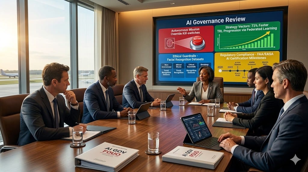  C-suite strategy session photo showing aerospace CEO leading AI governance discussion, with executives reviewing ethical frameworks and risk matrices around polished conference table bathed in executive boardroom lighting.