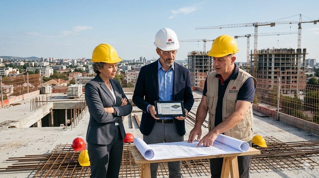 Construction executives discussing leadership plans while standing on rooftop of active building project