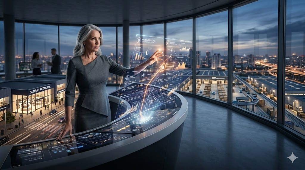  visionary retail CEO architecting unified commerce strategy, bridging physical stores and digital platforms through masterful orchestration.