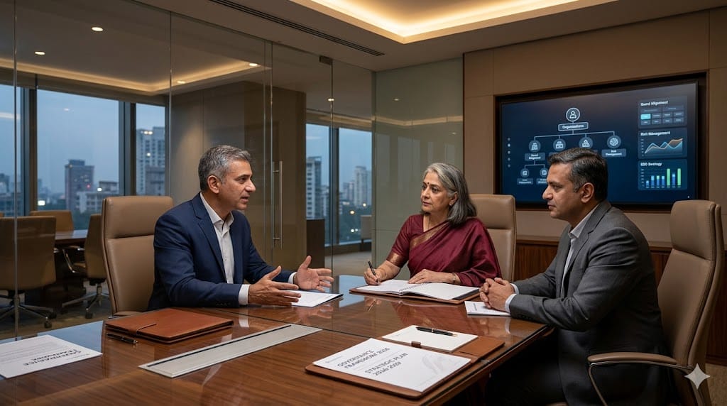 CEO and board chair collaborating with a senior executive on governance strategy in a refined boardroom setting.