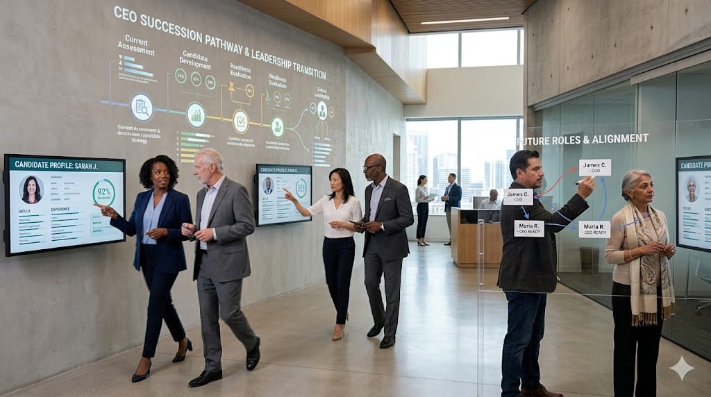 Leadership team planning CEO succession with candidates and transition pathways visualized in a modern corporate environment