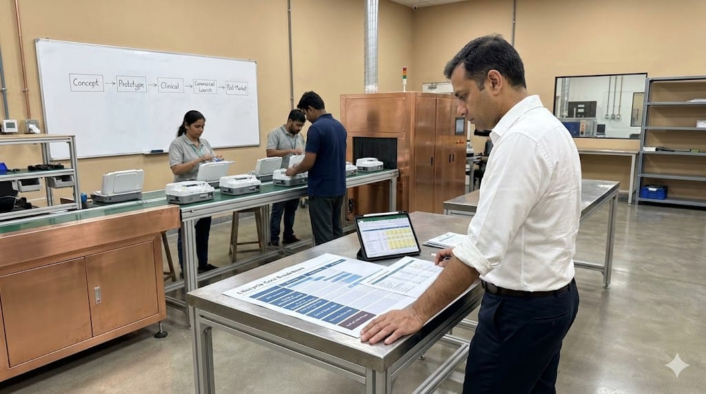 Chief Financial Officer reviewing hardware product lifecycle cost models inside a medical device production facility, illustrating financial strategy across development, manufacturing, and commercialization stages.