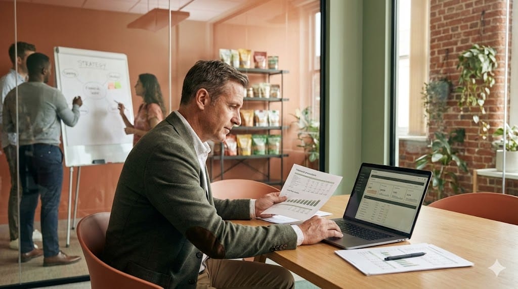 Senior finance executive candidate reviewing financial projections and revenue growth charts inside a dynamic food and beverage company headquarters with product displays in the background.