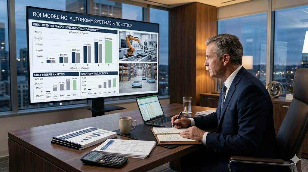 Chief Financial Officer reviewing ROI models and investment charts for automation and autonomy technology