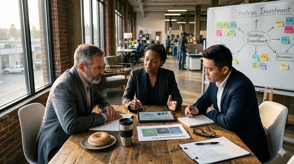 A realistic, eye-level shot of a modern, sunlit manufacturing office where a diverse team of finance and operations leaders are gathered around a large wooden table. On the table are blueprints labeled "CapEx Plan," a tablet showing "Supply Chain Resilience" and "Automation ROI," and a printed "2026 Strategic Investment" chart. The lighting is natural, with warm late-afternoon light highlighting the texture of the paper and the focused expressions of the team. The palette should be warm and professional: muted browns, soft blues, and warm wood tones. 