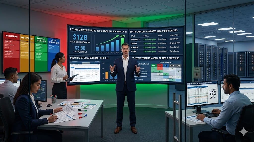 Realistic landscape photo of a Chief Growth Officer in a defense services firm orchestrating multi-billion-dollar contract pursuits, aligning BD, capture, and proposal teams around IDIQ expansions, teaming agreements, and $5B+ pipeline conversions in a high-security growth operations center.