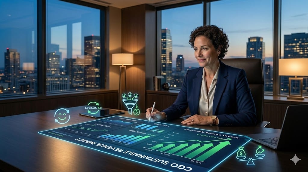 Confident Chief Growth Officer analyzing sustainable revenue metrics on illuminated dashboard with green upward arrows, balanced growth charts, and icons of recurring revenue streams in a modern executive boardroom.