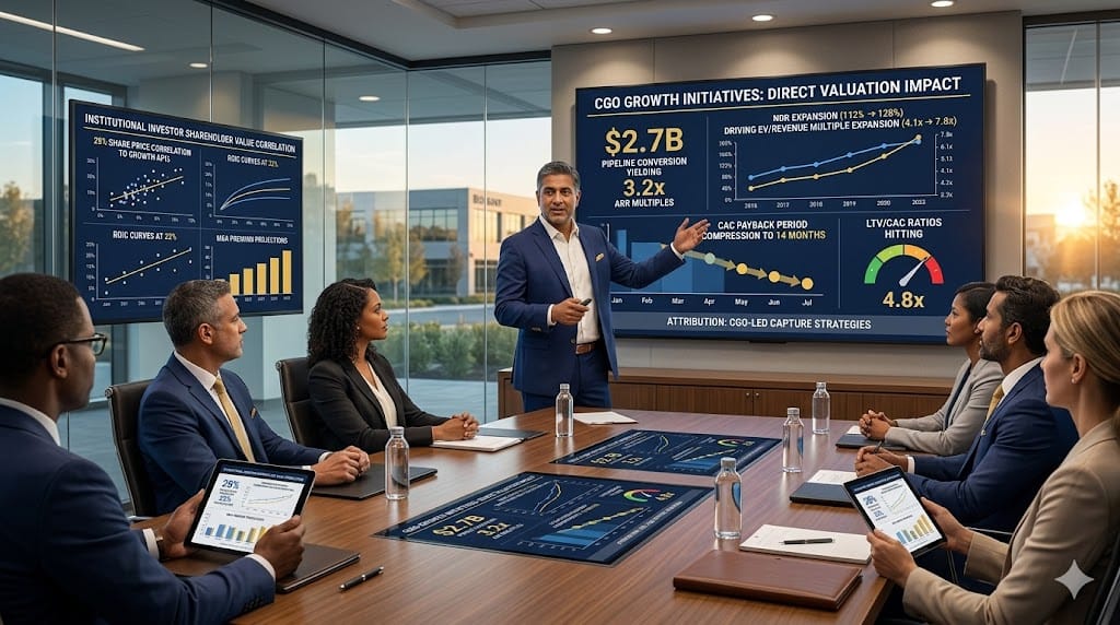 Realistic landscape photo of a Chief Growth Officer presenting enterprise valuation impact metrics to the board, showing pipeline conversion rates driving 3.2x revenue multiples, customer expansion revenue boosting EV/Revenue from 4.1x to 7.8x, and NRR growth correlating to 28% share price appreciation in a sleek C-suite boardroom.
