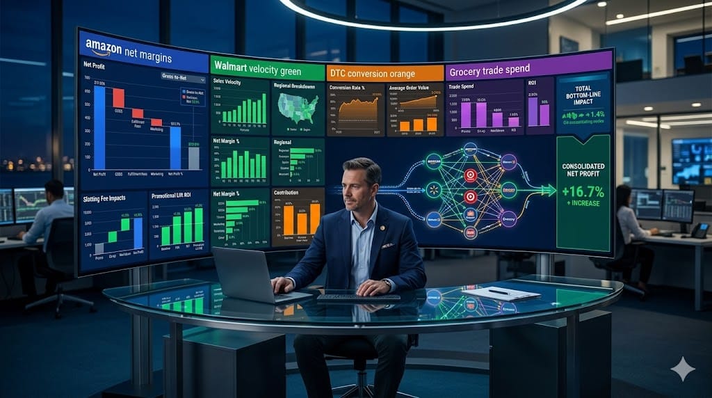 Finance strategist optimizing P&L across retail channels on multi-panel dashboard showing Amazon, Walmart, DTC margins with trade spend allocation and partner-specific profitability heatmaps.