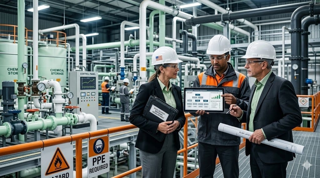 Executives discussing hiring plans at chemical manufacturing plant with pipelines and processing equipment