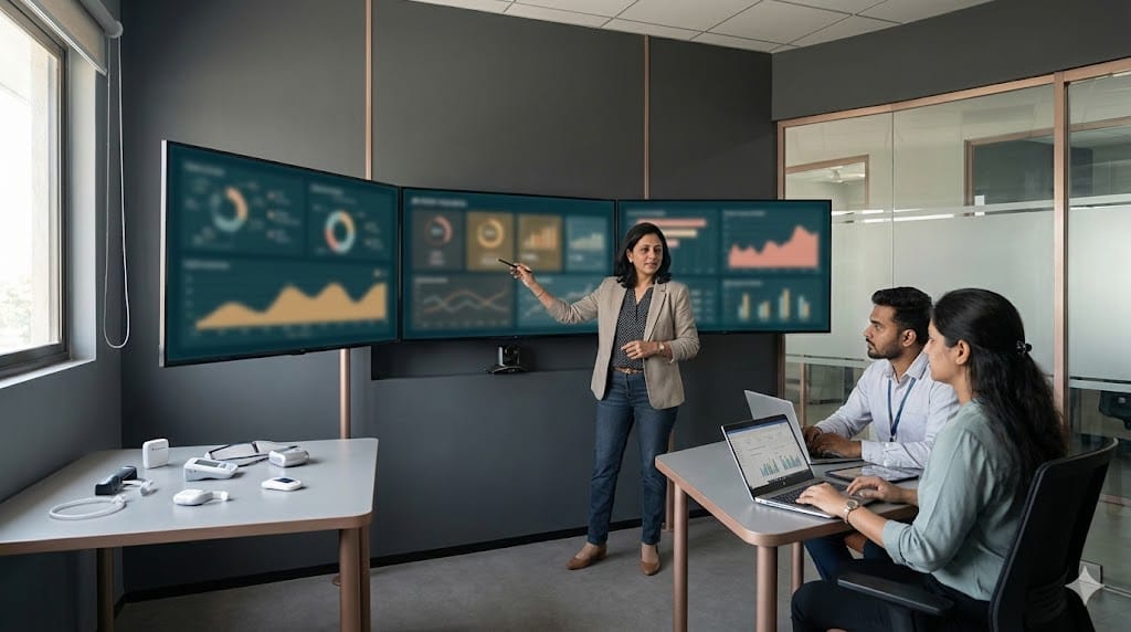 CDAO analyzing medical device data and AI insights on large screens in a modern strategy and analytics lab.