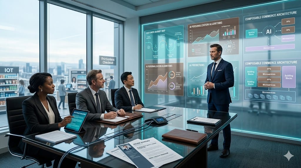 retail executives interviewing Chief Digital Officer candidates while evaluating digital transformation roadmaps and omnichannel analytics.