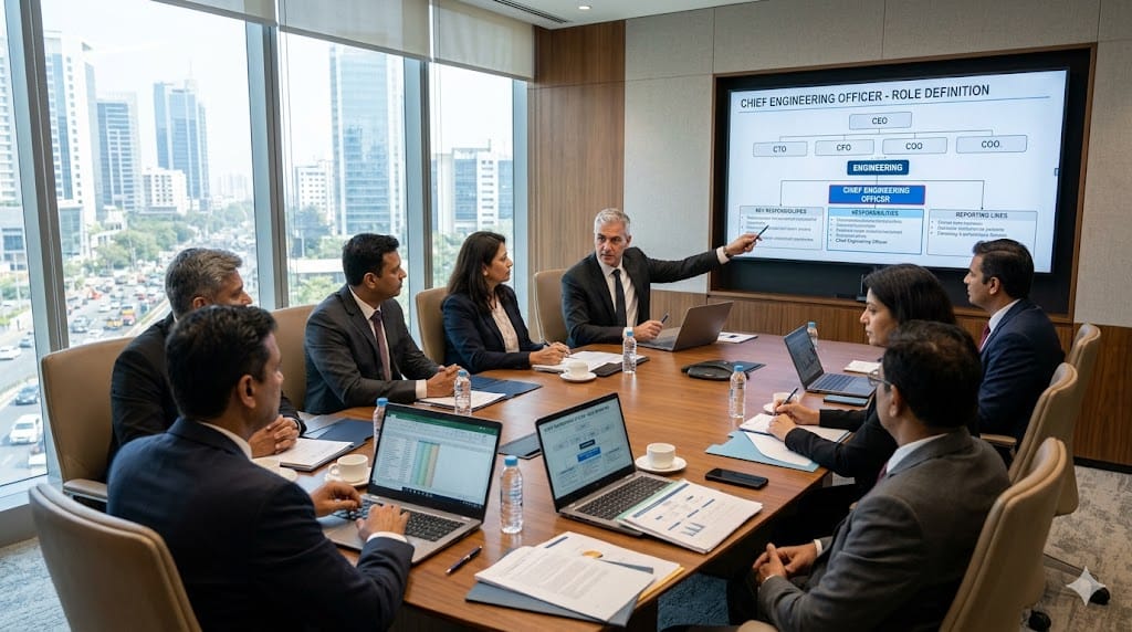 C suite executives discussing engineering leadership role and responsibilities in modern boardroom meeting