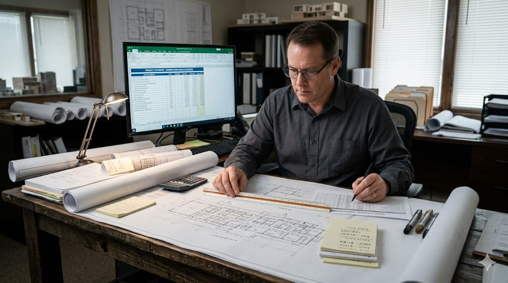 Construction estimator reviewing blueprints and cost calculations at estimating desk
