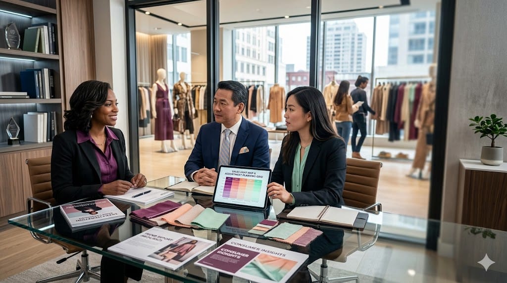 retail executives interviewing a Chief Merchandising Officer candidate while reviewing product assortment strategies and sales trend displays.