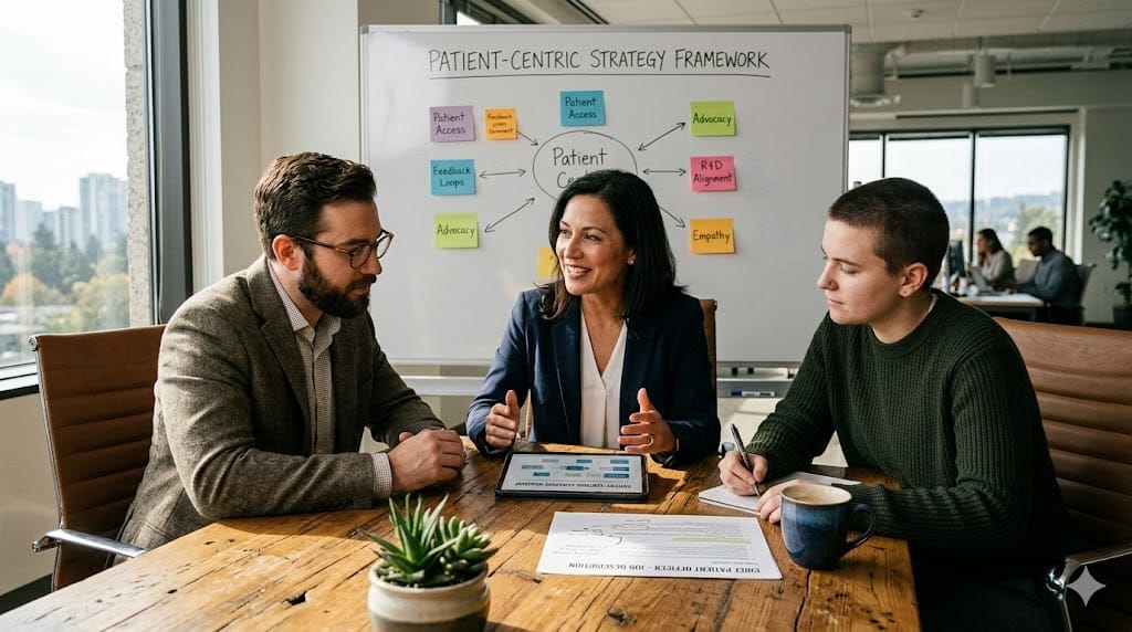 A realistic photo of a diverse team of healthcare executives and patient advocates collaborating around a conference table, reviewing patient-centric strategy documents. The scene is set in a bright, modern office with natural light, featuring a whiteboard with "Patient-Centric Strategy" written on it, a laptop, and a coffee cup, creating an atmosphere of strategic innovation and human focus.