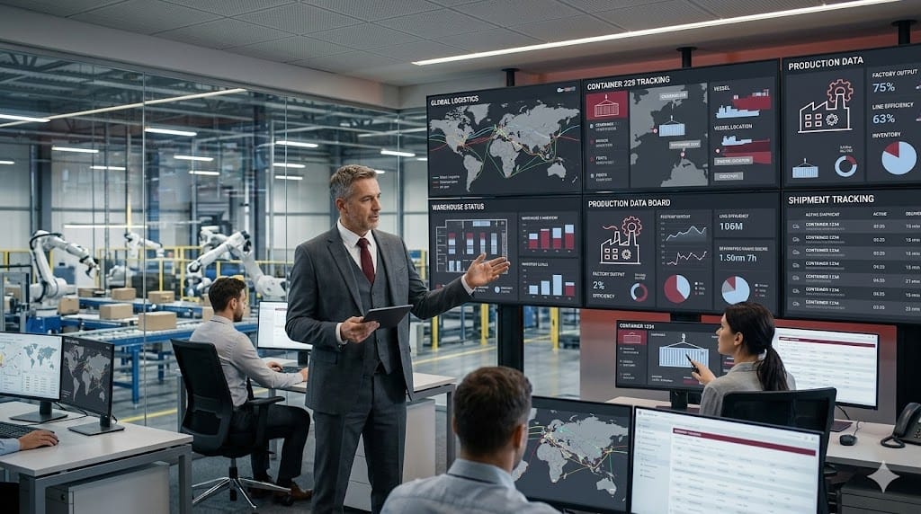 Chief Supply Chain Officer reviewing global logistics and production data in modern manufacturing control room